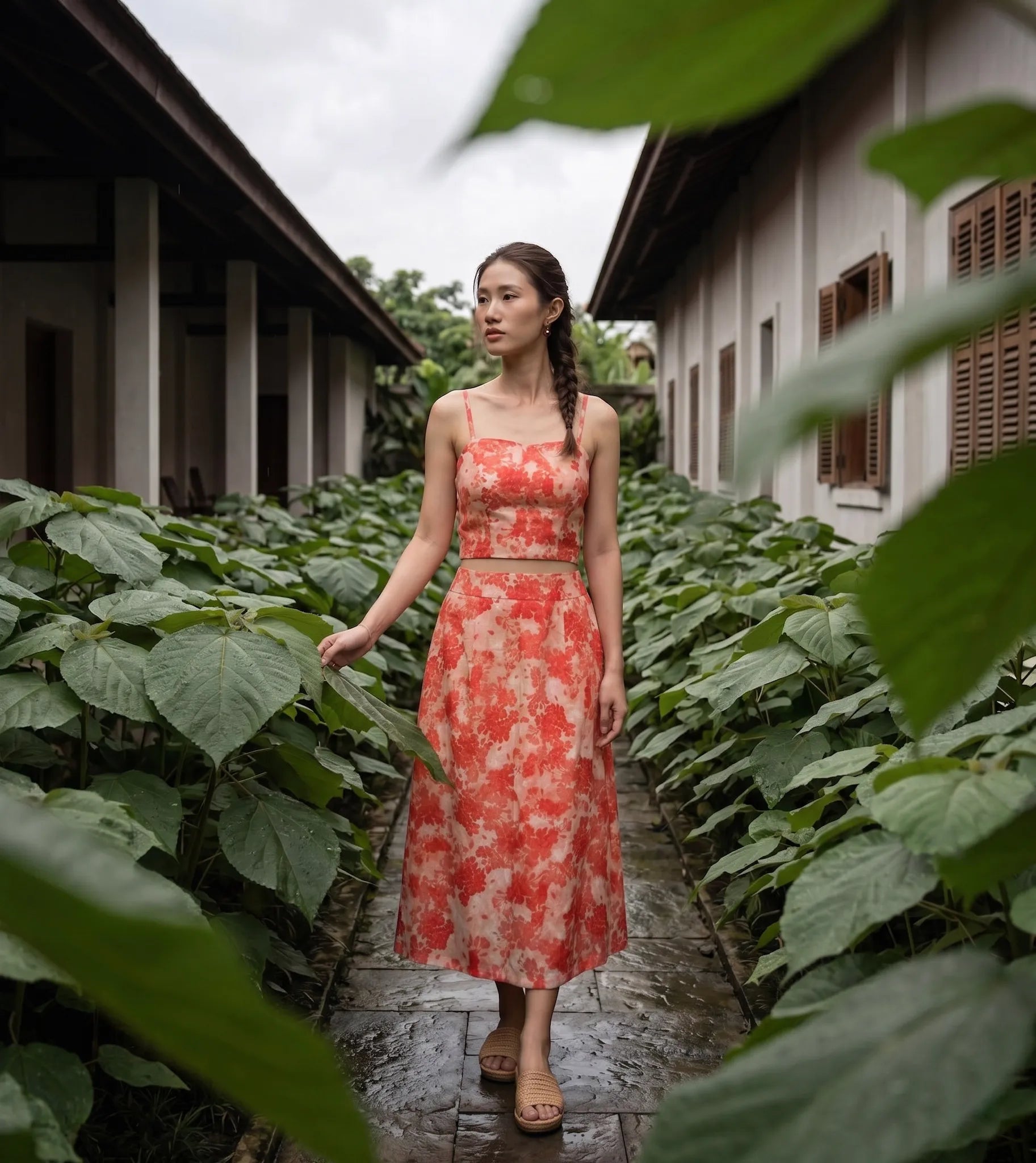 Áo croptop hai dây vải gai xanh ramie hoa thời trang Hity