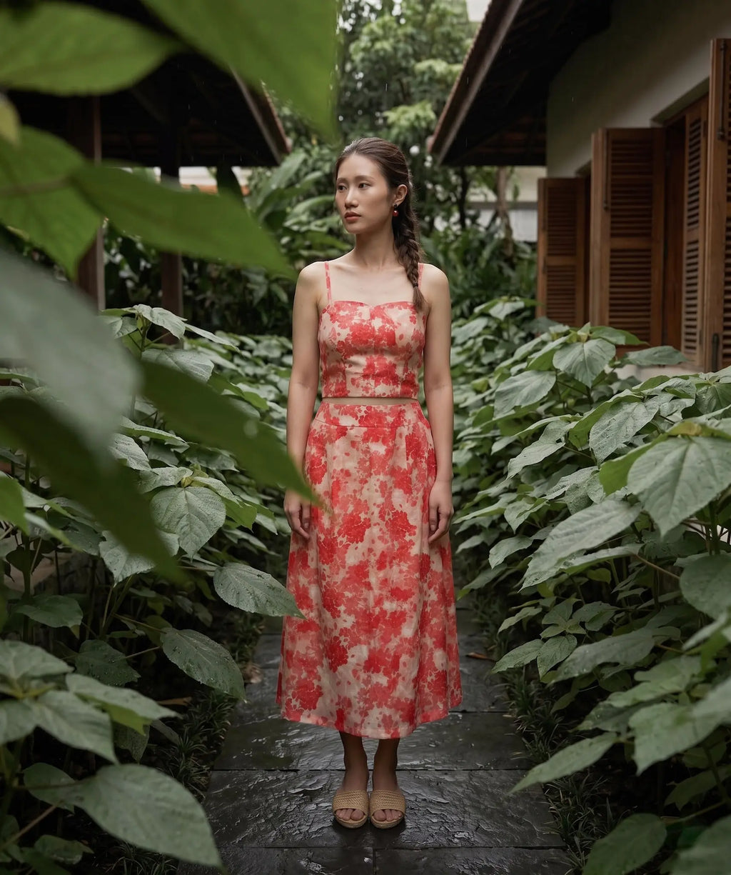 Áo croptop hai dây vải gai xanh ramie hoa thời trang Hity