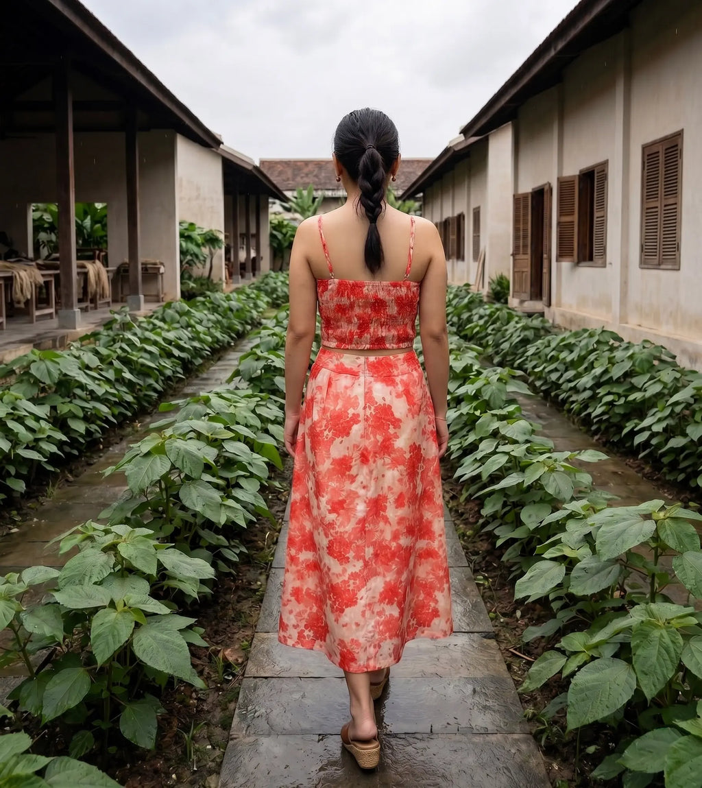 Áo croptop hai dây vải gai xanh ramie hoa thời trang Hity