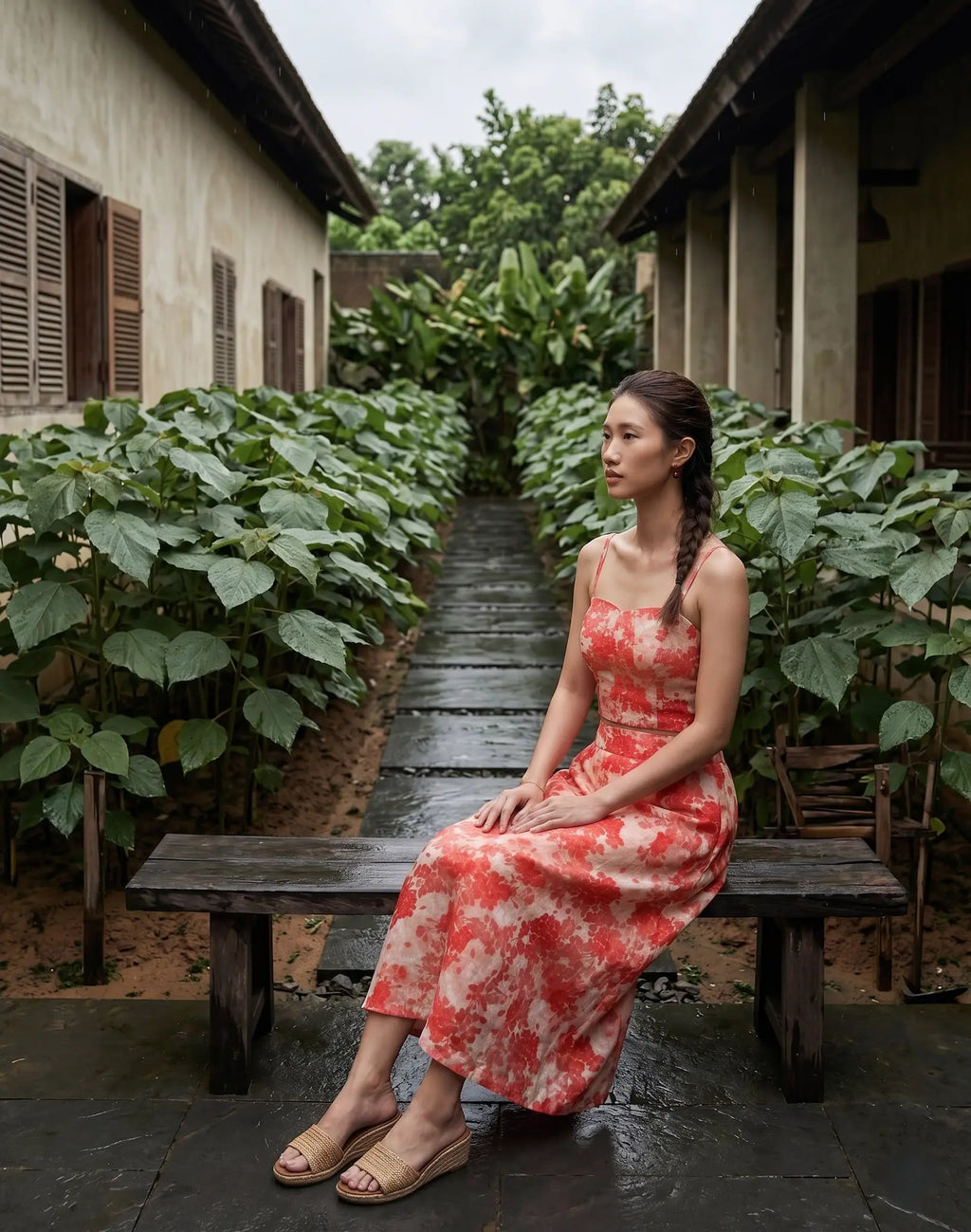 Áo croptop hai dây vải gai xanh ramie hoa thời trang Hity