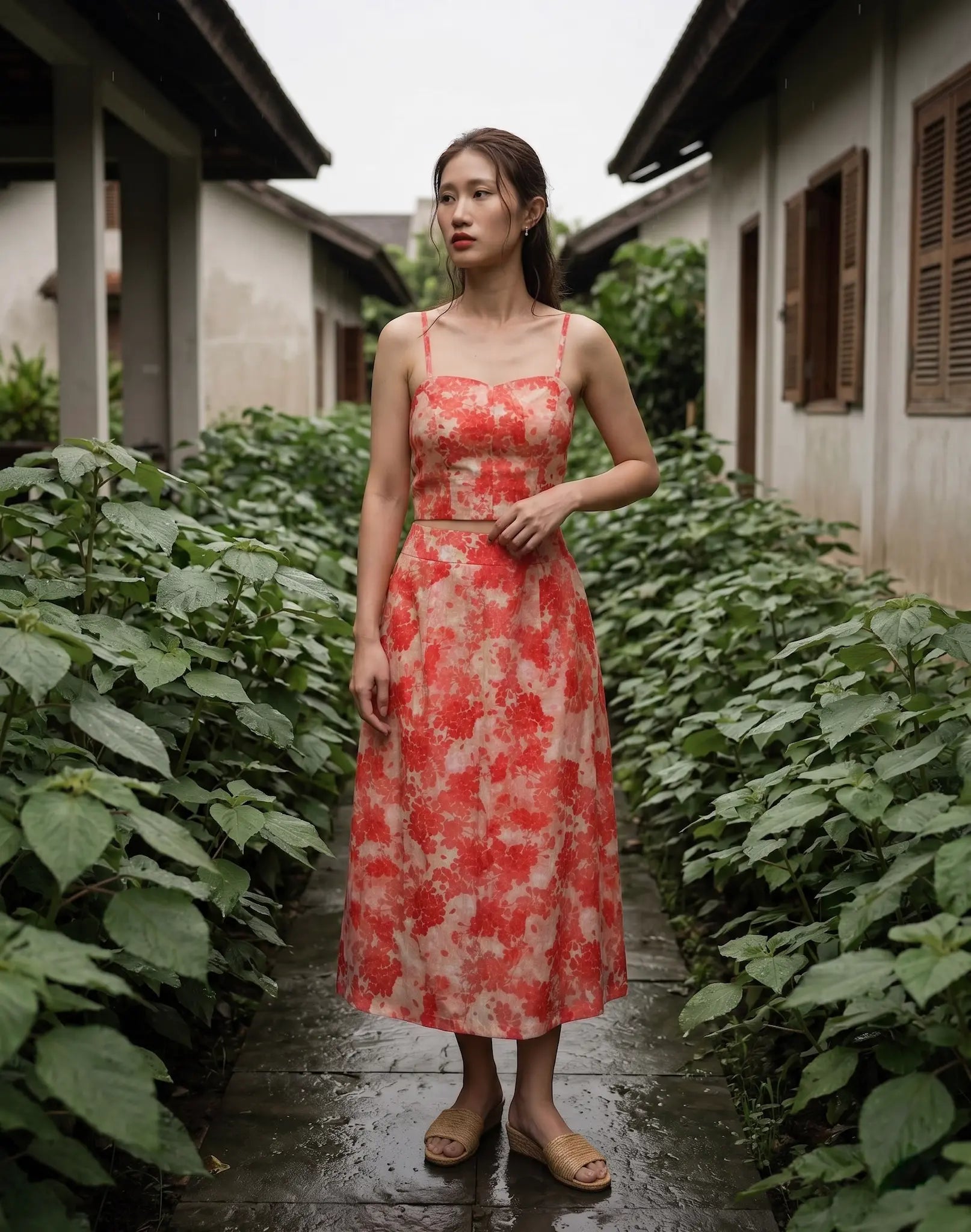 Áo croptop hai dây vải gai xanh ramie hoa thời trang Hity
