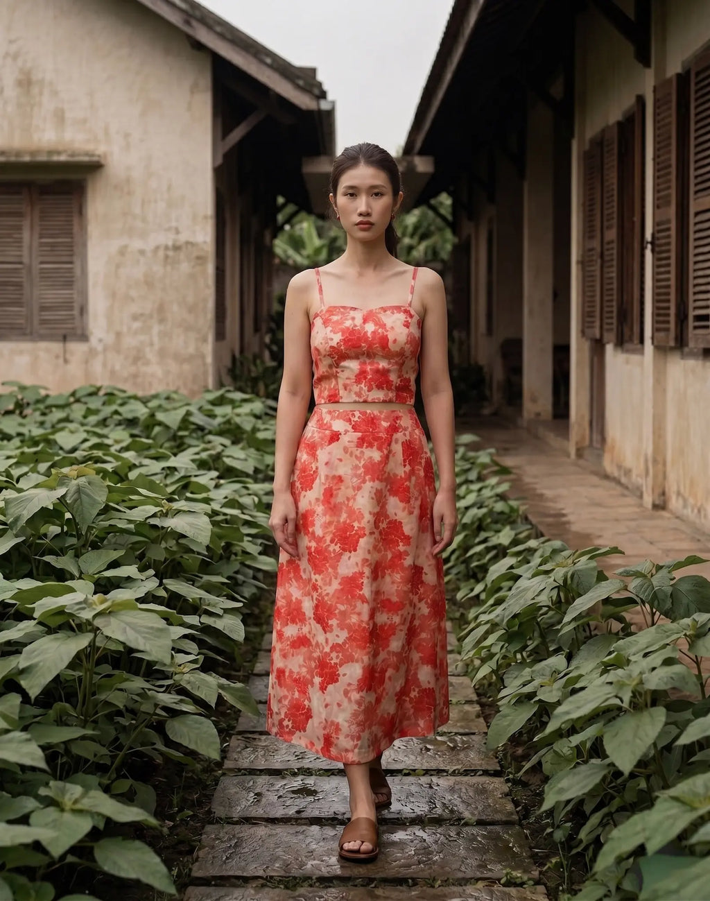Áo croptop hai dây vải gai xanh ramie hoa thời trang Hity