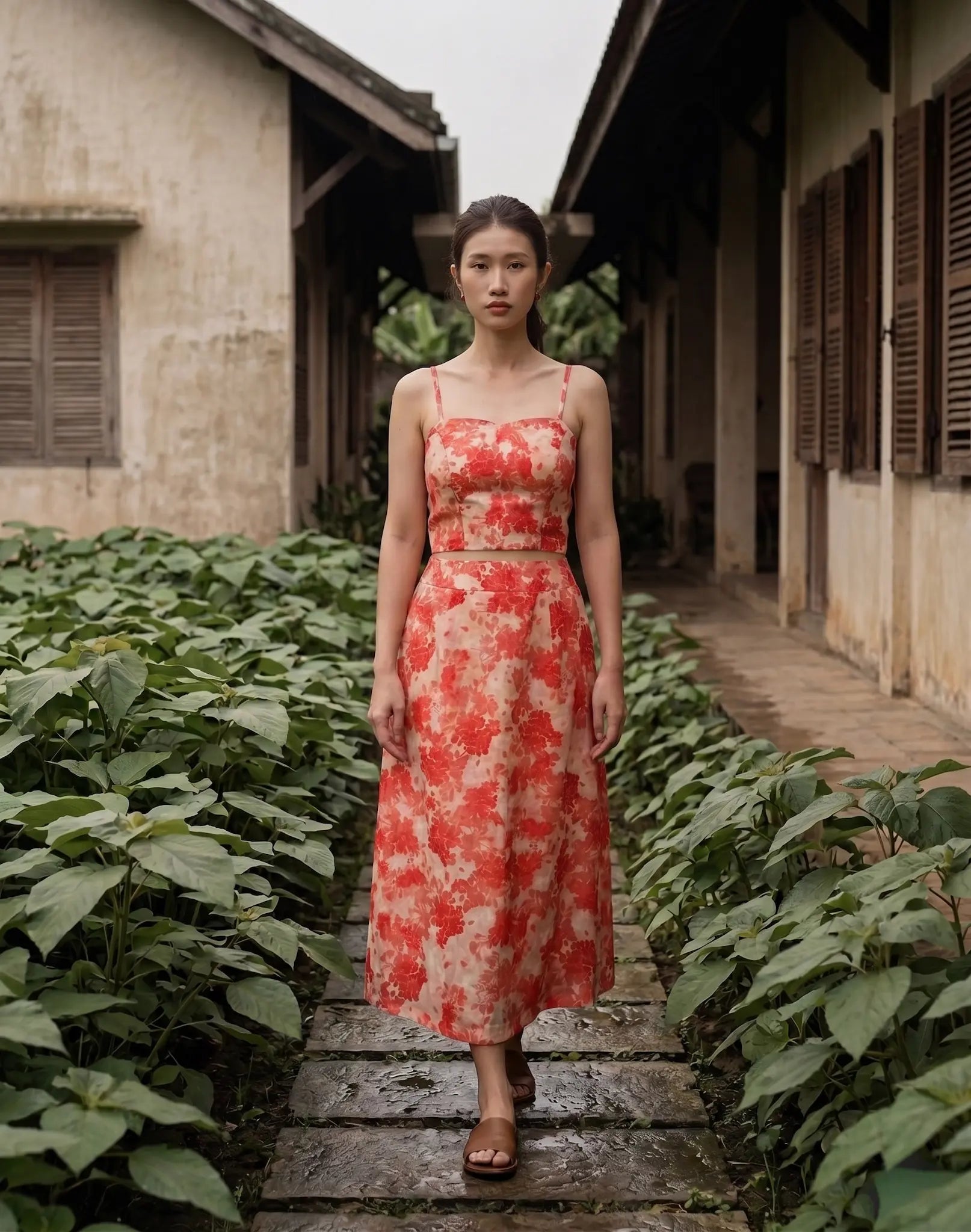 Áo croptop hai dây vải gai xanh ramie hoa thời trang Hity