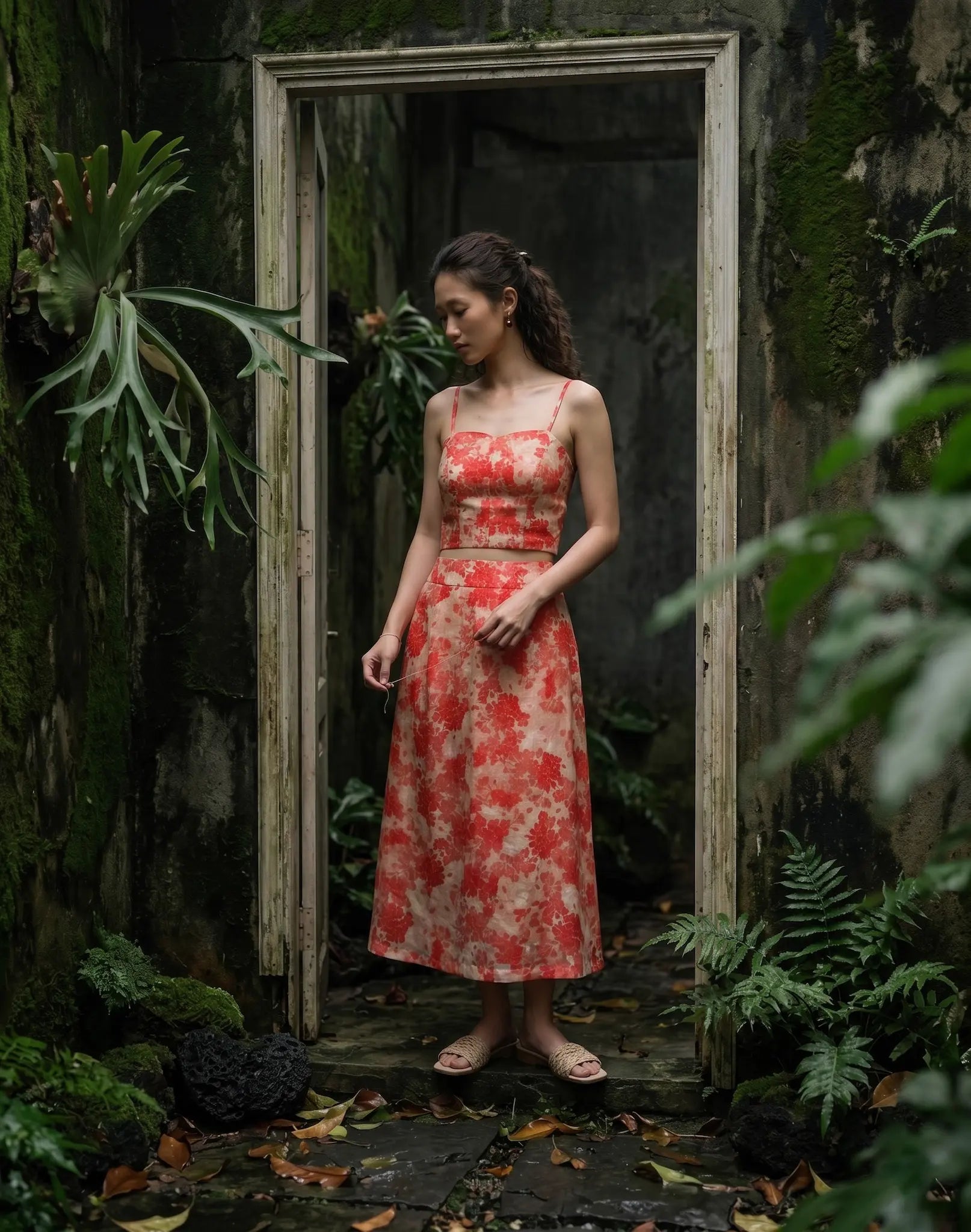 Áo croptop hai dây vải gai xanh ramie hoa thời trang Hity
