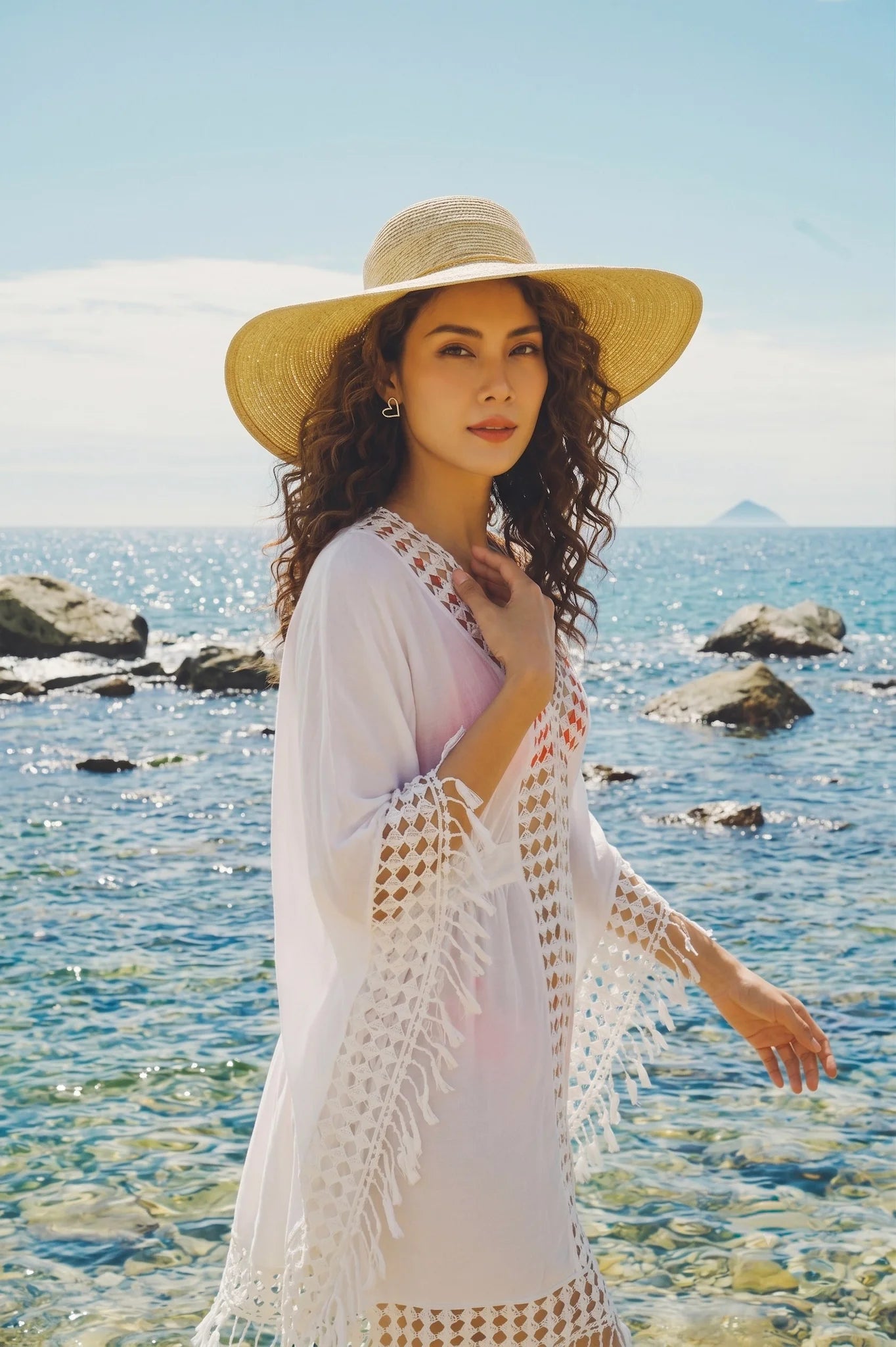 Áo khoác đi biển kaftan cotton trắng thời trang Hity