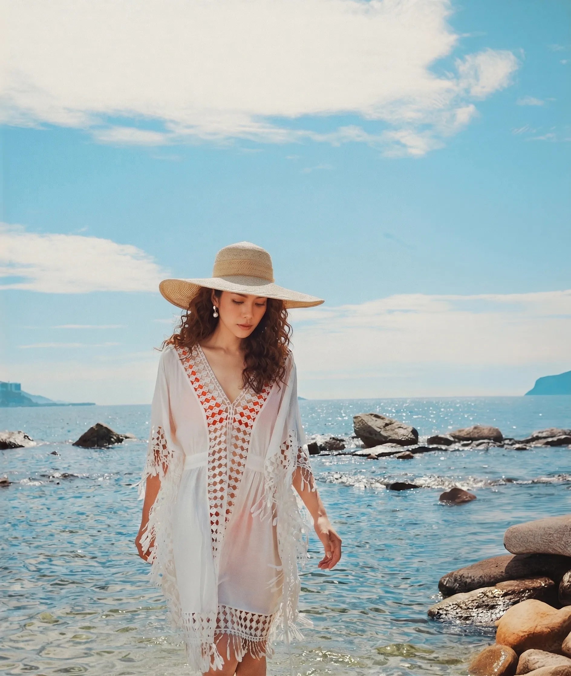 Áo khoác đi biển kaftan cotton trắng thời trang Hity