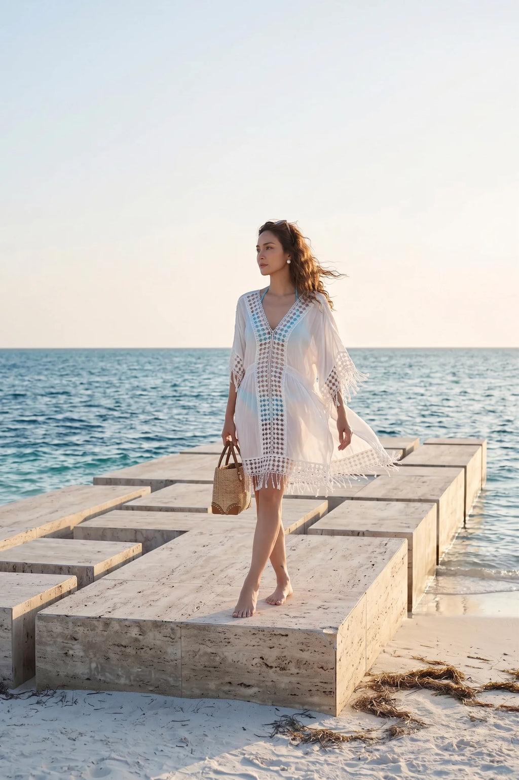 Áo khoác đi biển kaftan cotton trắng thời trang Hity