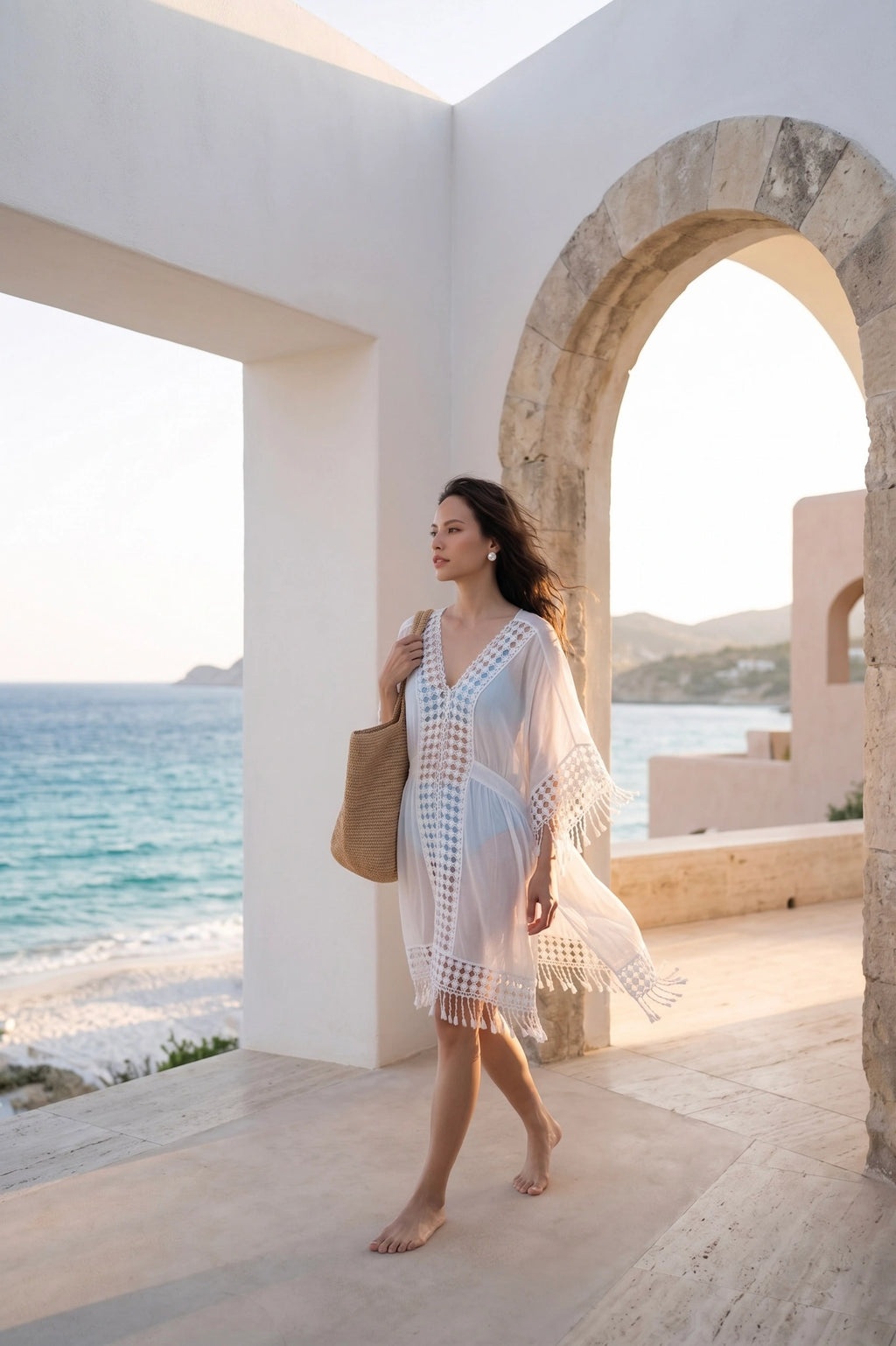Áo khoác đi biển kaftan cotton trắng thời trang Hity