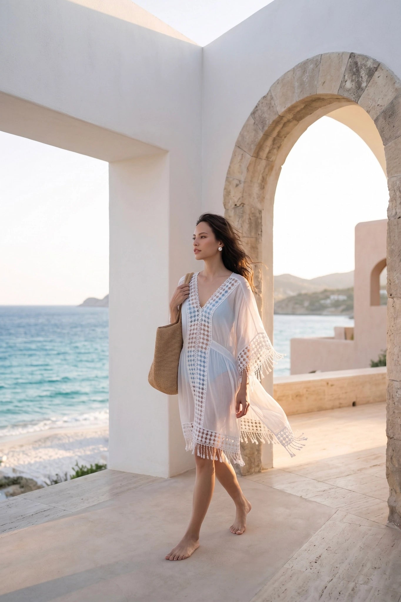 Áo khoác đi biển kaftan cotton trắng thời trang Hity