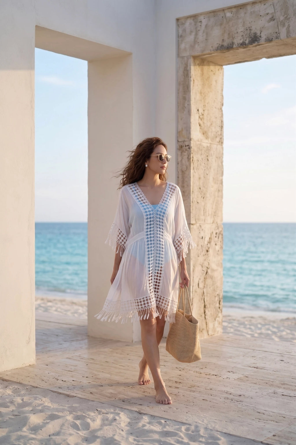 Áo khoác đi biển kaftan cotton trắng thời trang Hity