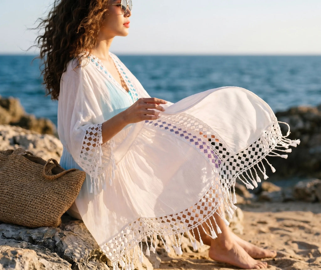Áo khoác đi biển kaftan cotton trắng thời trang Hity