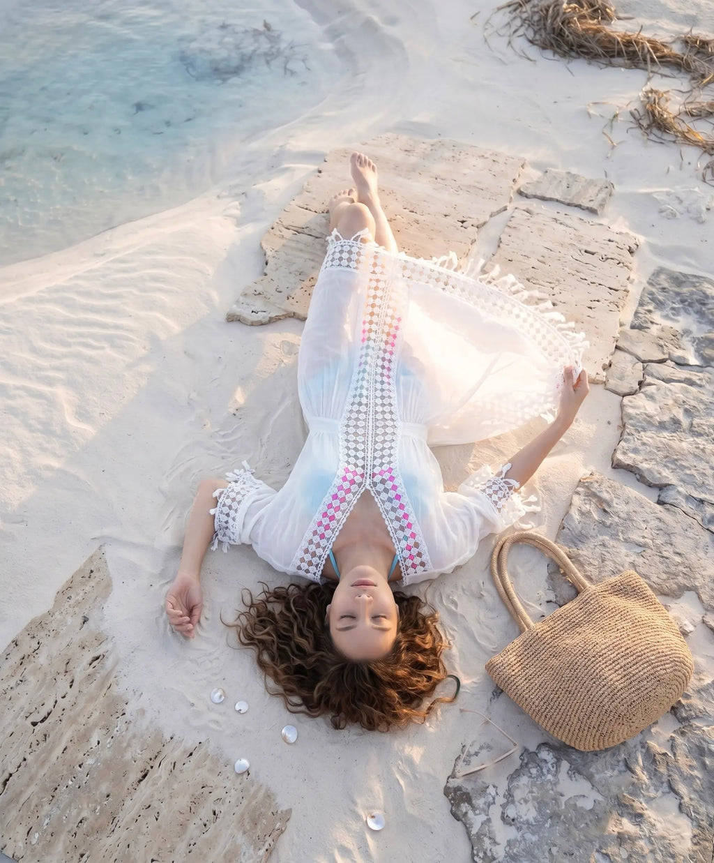 Áo khoác đi biển kaftan cotton trắng thời trang Hity