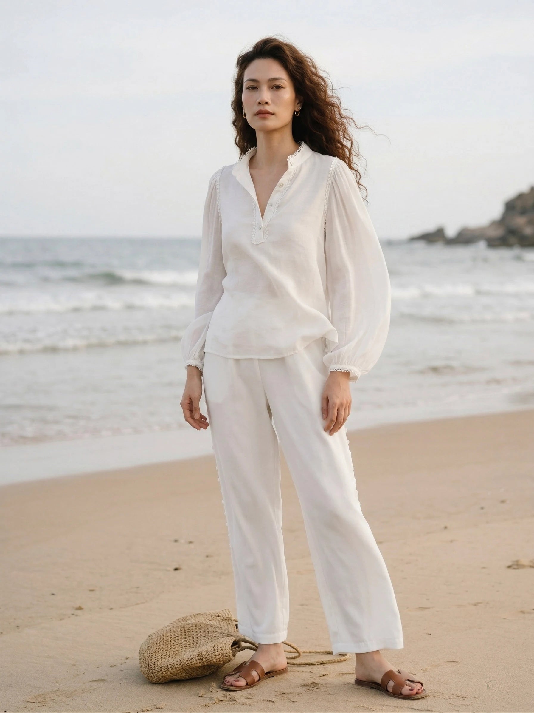 Áo cổ trụ dáng rộng linen trắng thời trang Hity
