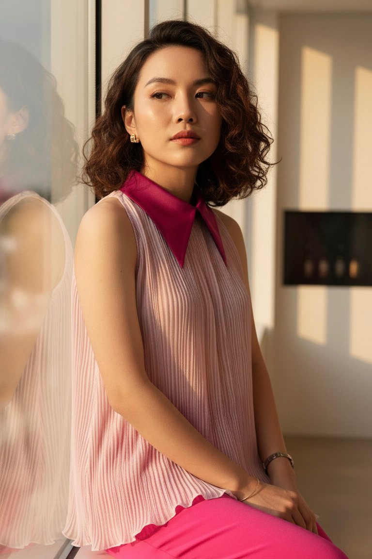 Áo yếm cổ sơ mi dập ly hồng pastel thời trang Hity