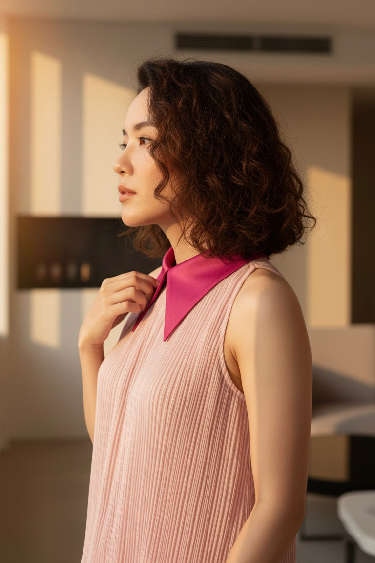 Áo yếm cổ sơ mi dập ly hồng pastel thời trang Hity