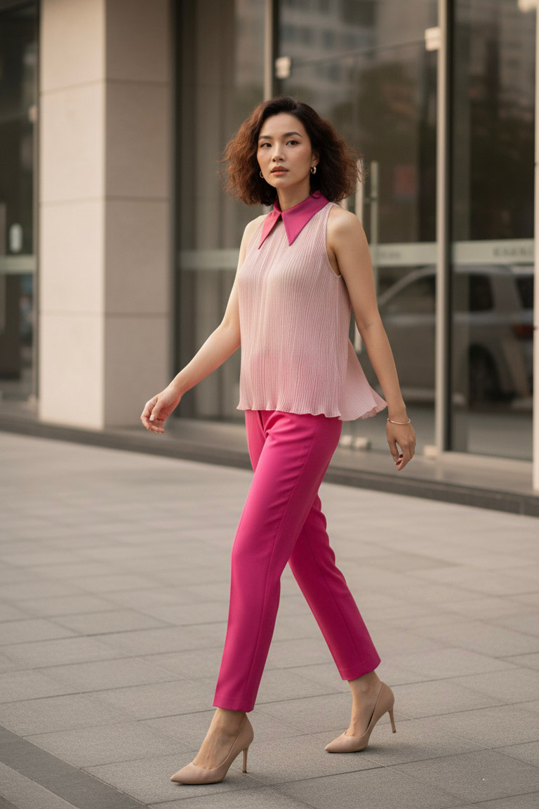 Áo yếm cổ sơ mi dập ly hồng pastel thời trang Hity