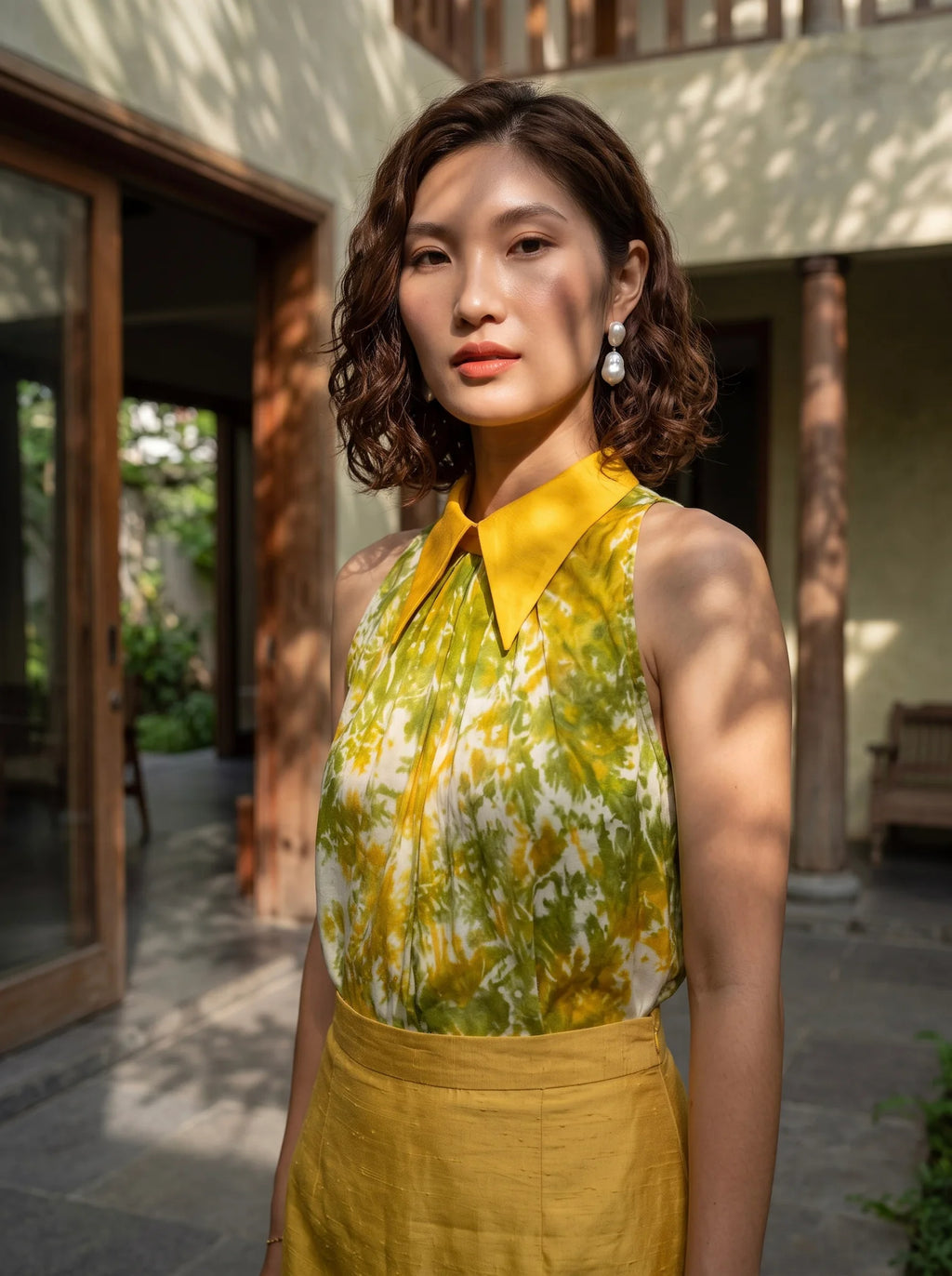 Áo hở vai cổ sơ mi halter neck lụa nhuộm loang tiedye thời trang Hity