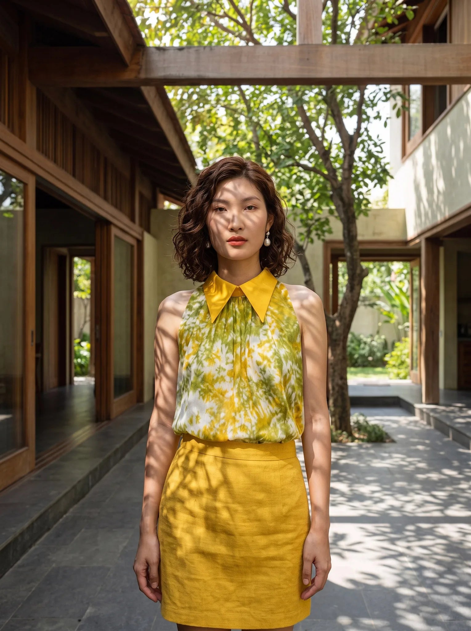 Áo hở vai cổ sơ mi halter neck lụa nhuộm loang tiedye thời trang Hity