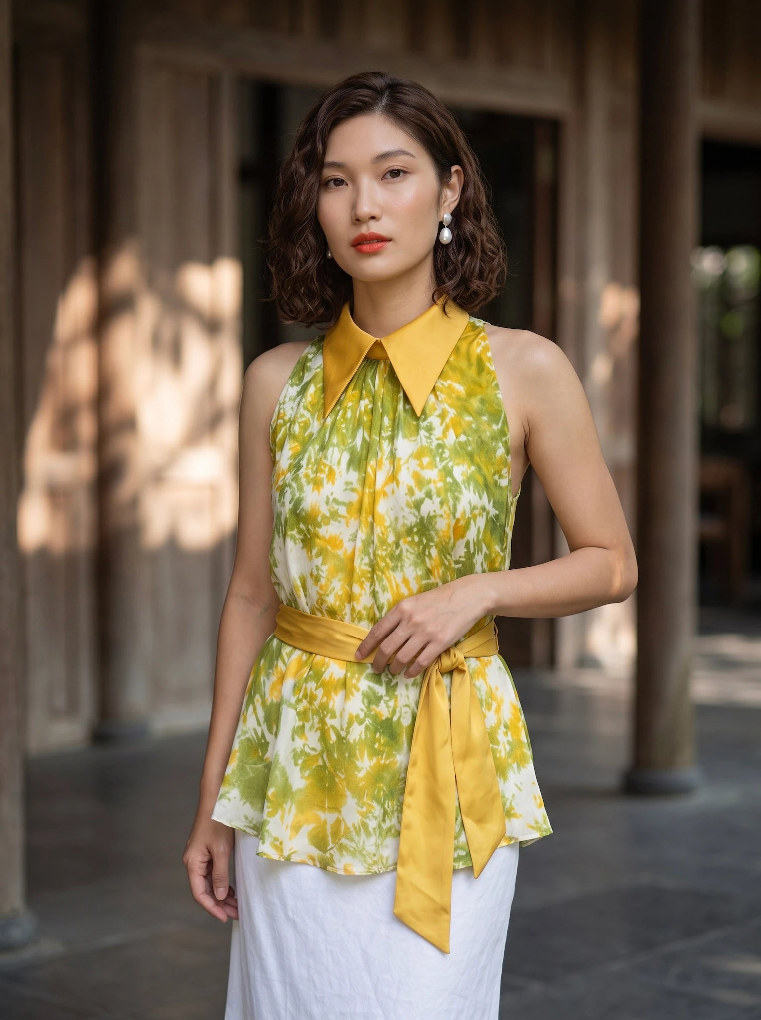 Áo hở vai cổ sơ mi halter neck lụa nhuộm loang tiedye thời trang Hity