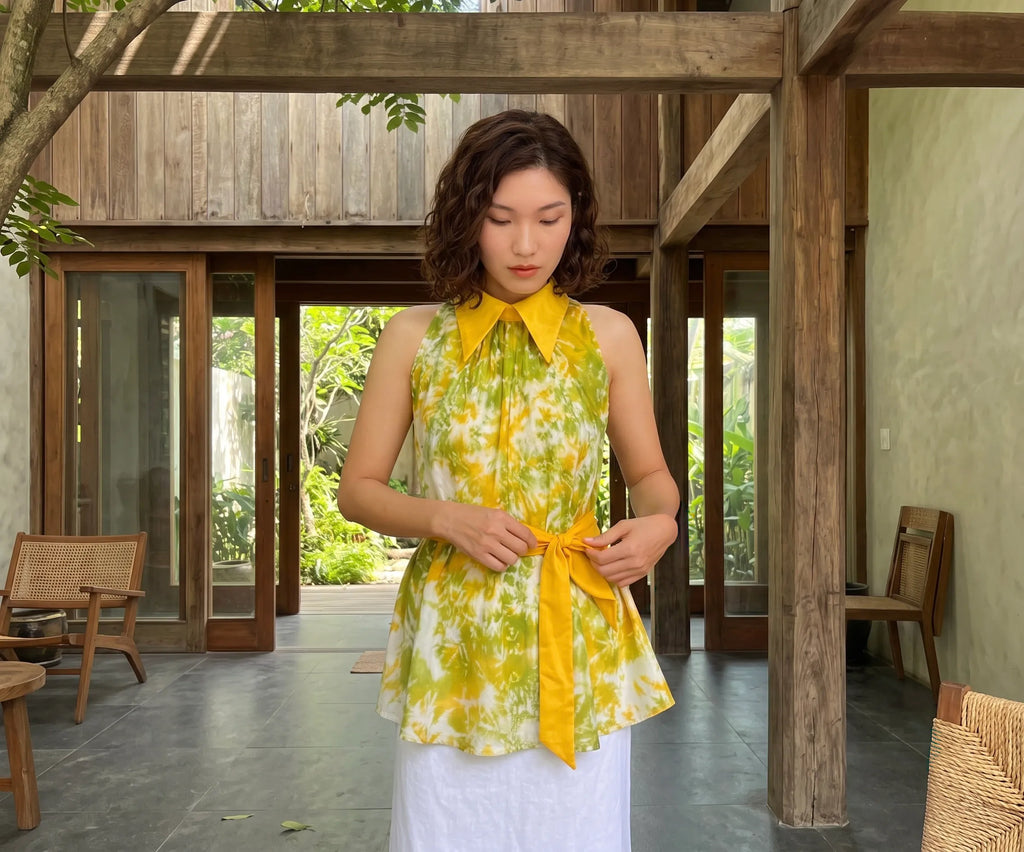 Áo hở vai cổ sơ mi halter neck lụa nhuộm loang tiedye thời trang Hity