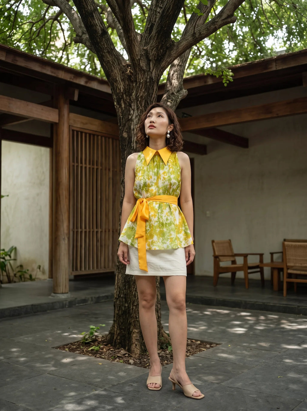 Áo hở vai cổ sơ mi halter neck lụa nhuộm loang tiedye thời trang Hity
