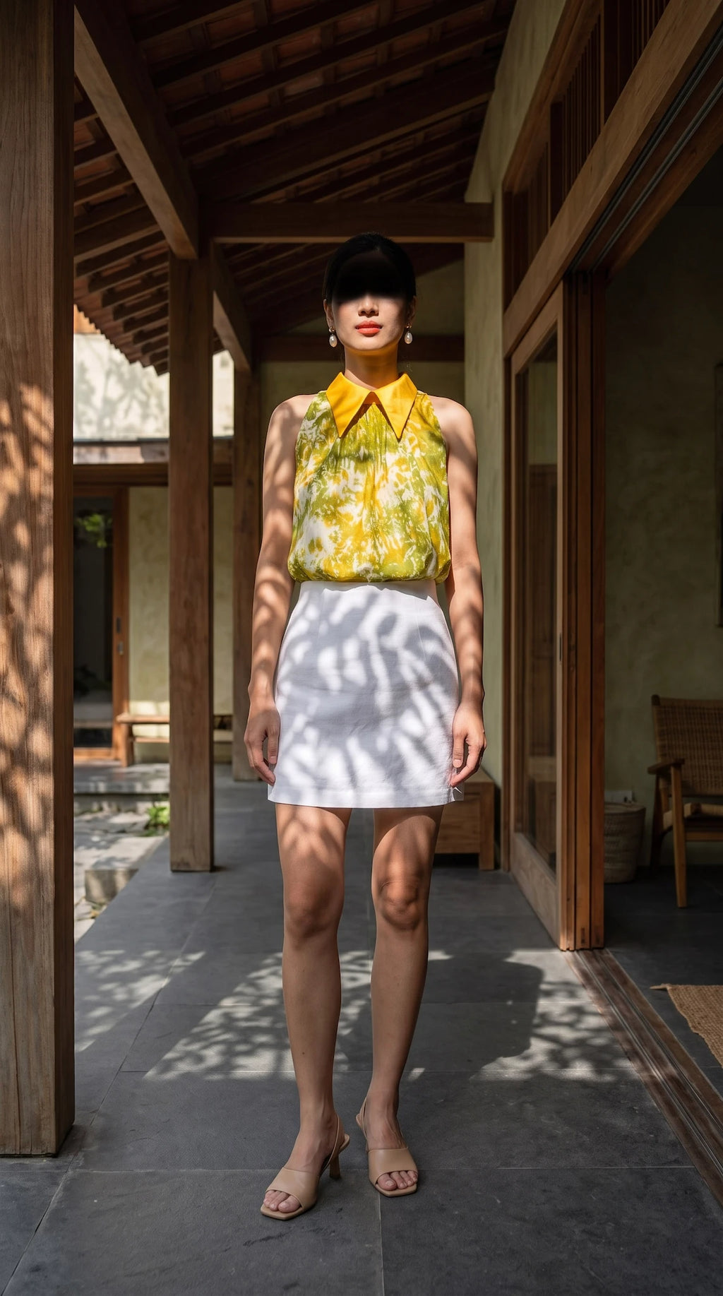 Áo hở vai cổ sơ mi halter neck lụa nhuộm loang tiedye thời trang Hity