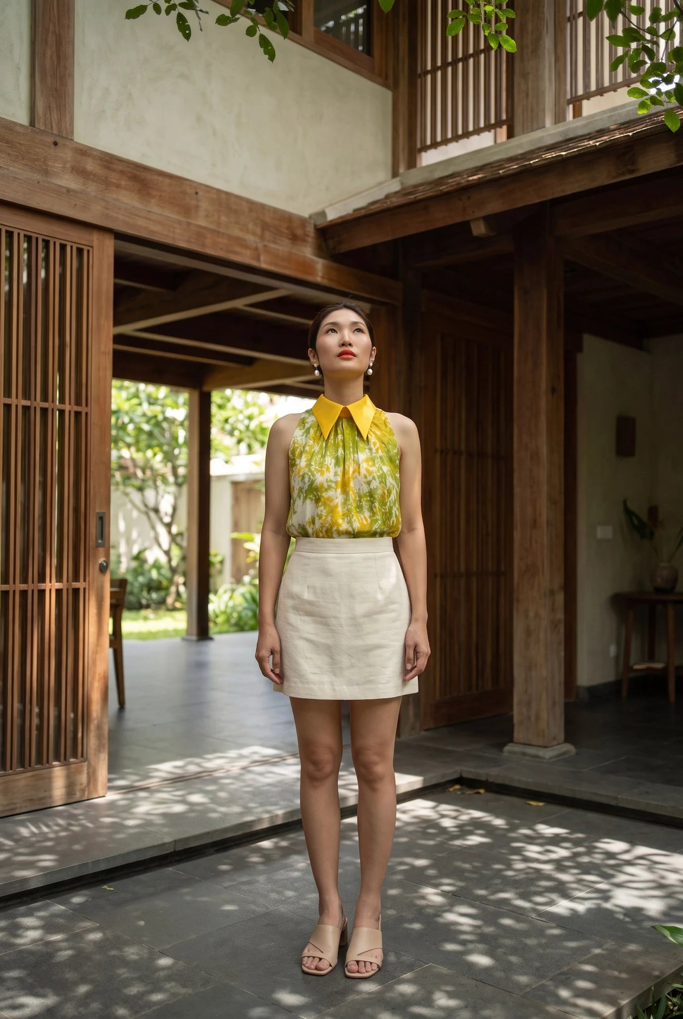 Áo hở vai cổ sơ mi halter neck lụa nhuộm loang tiedye thời trang Hity