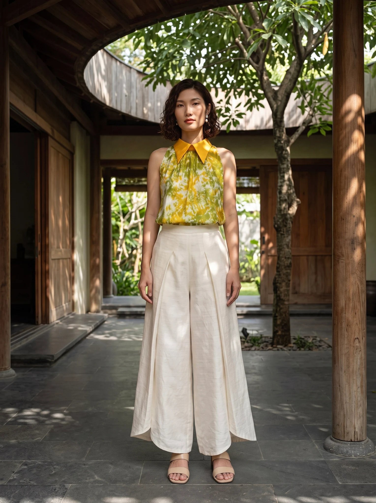 Áo hở vai cổ sơ mi halter neck lụa nhuộm loang tiedye thời trang Hity