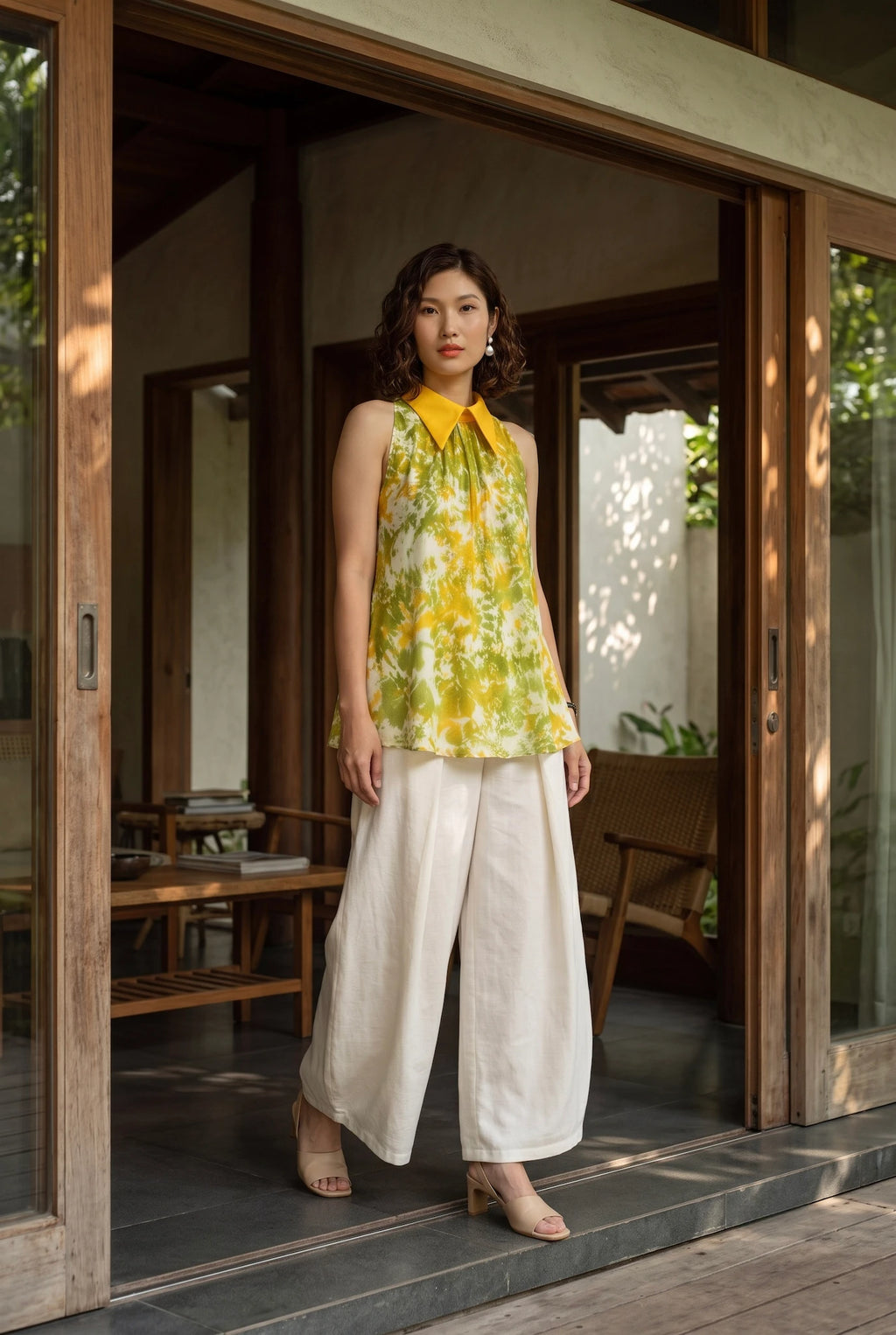 Áo hở vai cổ sơ mi halter neck lụa nhuộm loang tiedye thời trang Hity