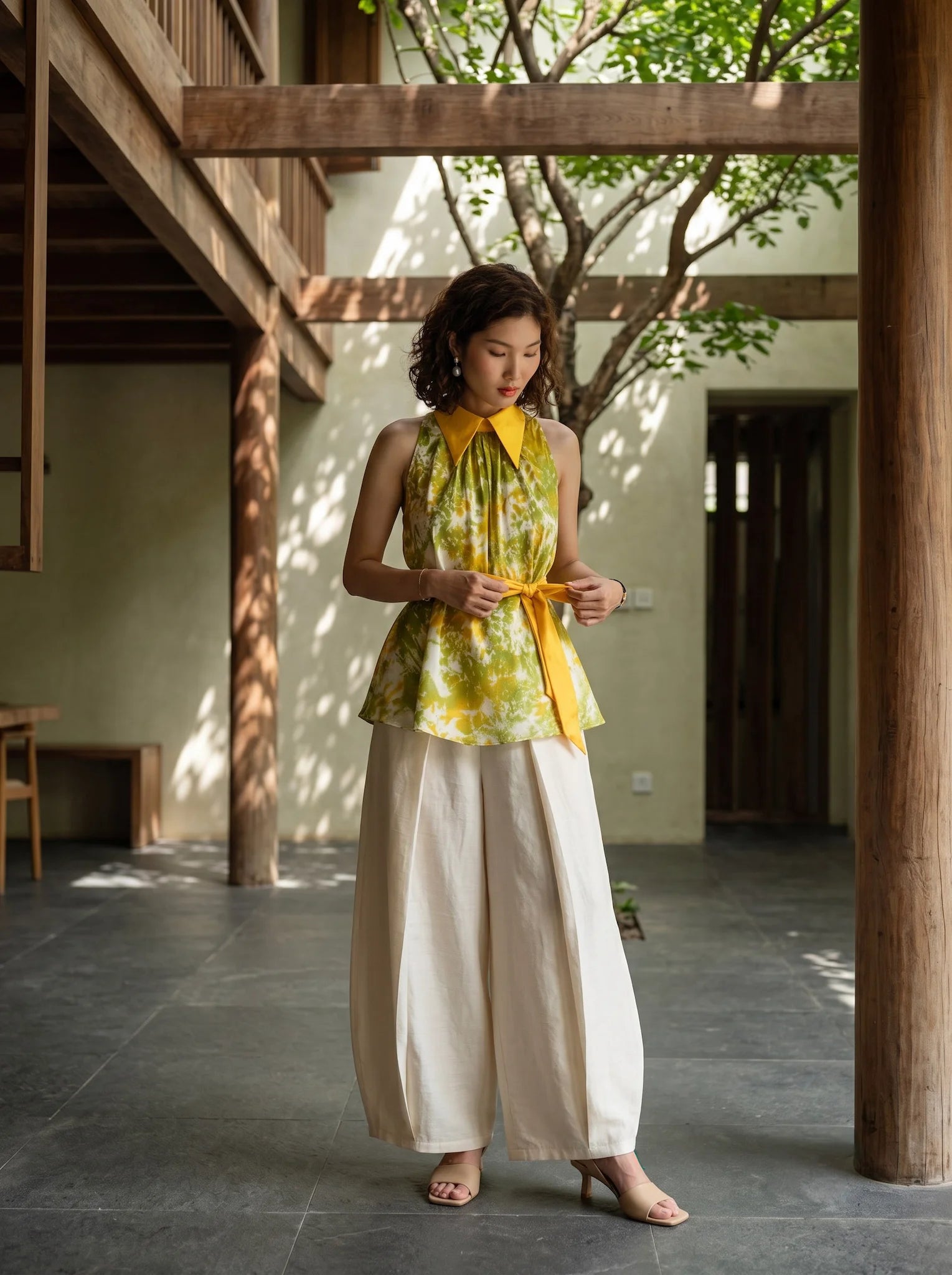 Áo hở vai cổ sơ mi halter neck lụa nhuộm loang tiedye thời trang Hity