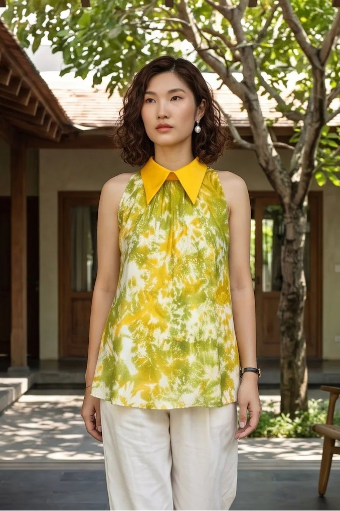 Áo hở vai cổ sơ mi halter neck lụa nhuộm loang tiedye thời trang Hity