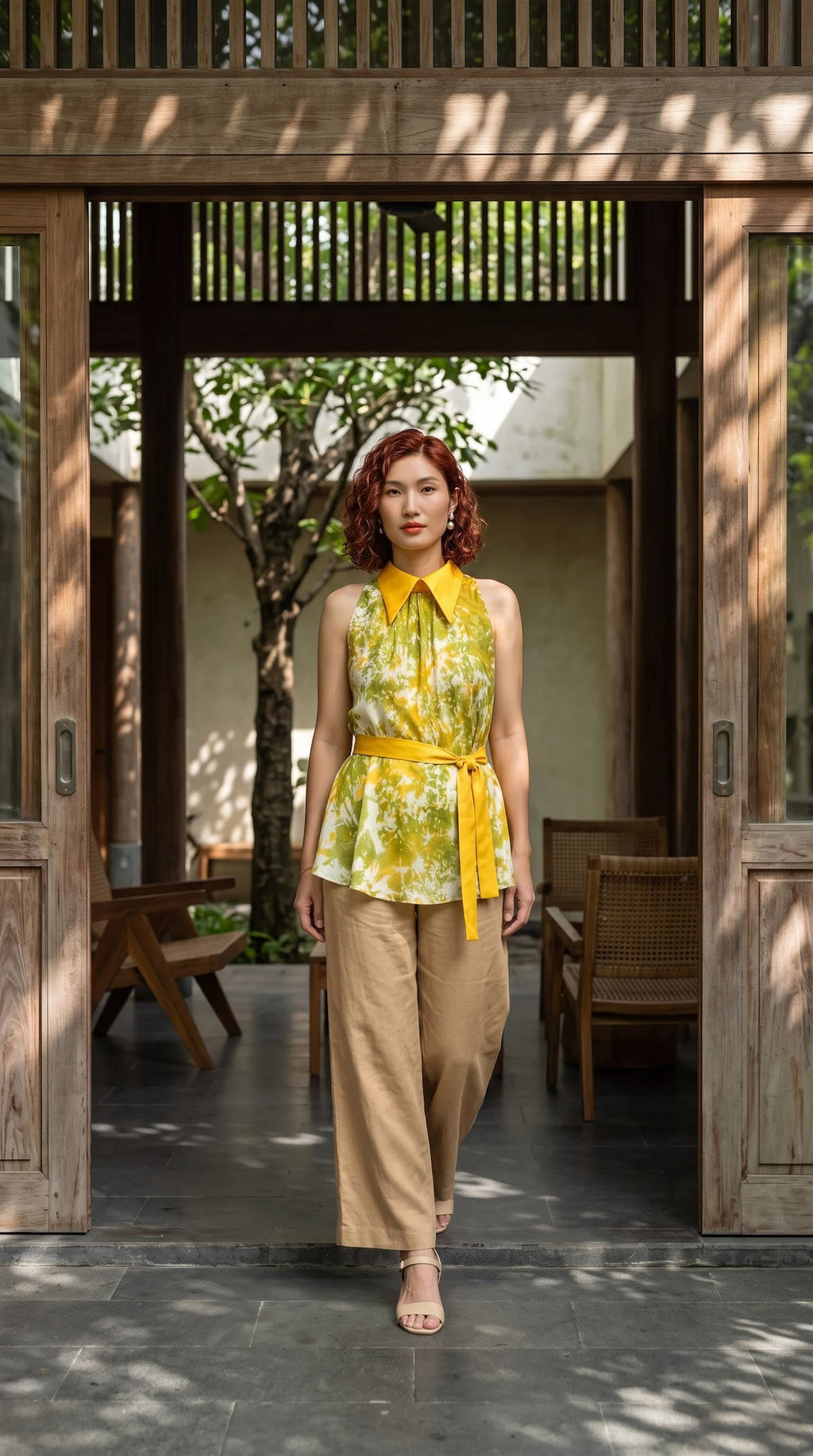Áo hở vai cổ sơ mi halter neck lụa nhuộm loang tiedye thời trang Hity