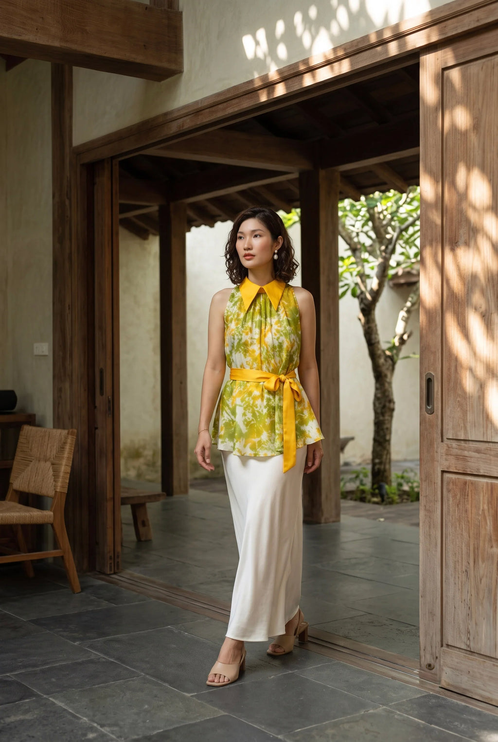 Áo hở vai cổ sơ mi halter neck lụa nhuộm loang tiedye thời trang Hity