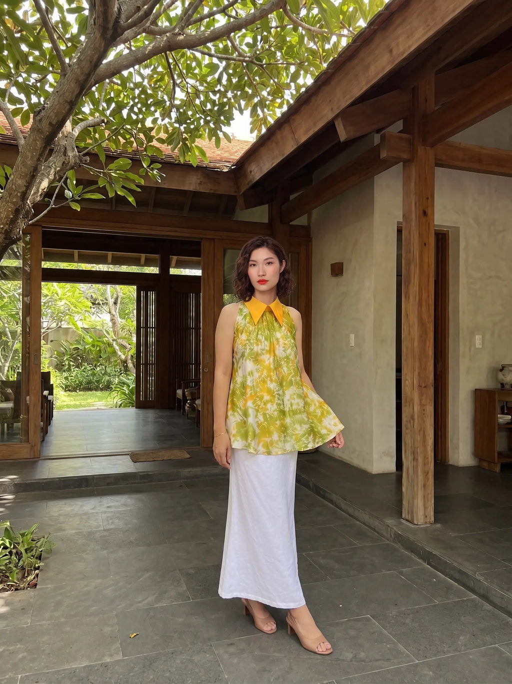 Áo hở vai cổ sơ mi halter neck lụa nhuộm loang tiedye thời trang Hity