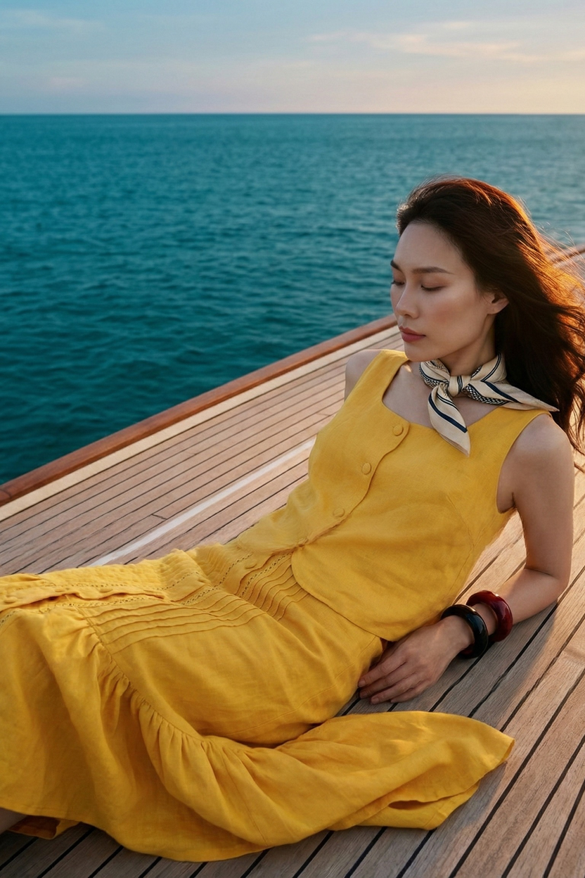 Áo croptop cổ vuông linen vàng thời trang Hity