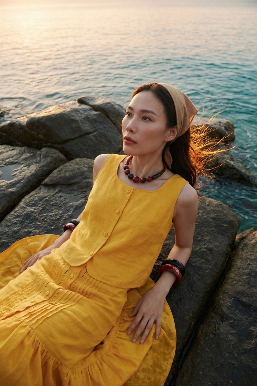 Áo croptop cổ vuông linen vàng thời trang Hity