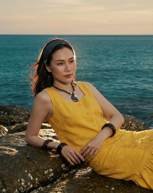 Áo croptop sát nách cổ vuông linen vàng thời trang Hity 