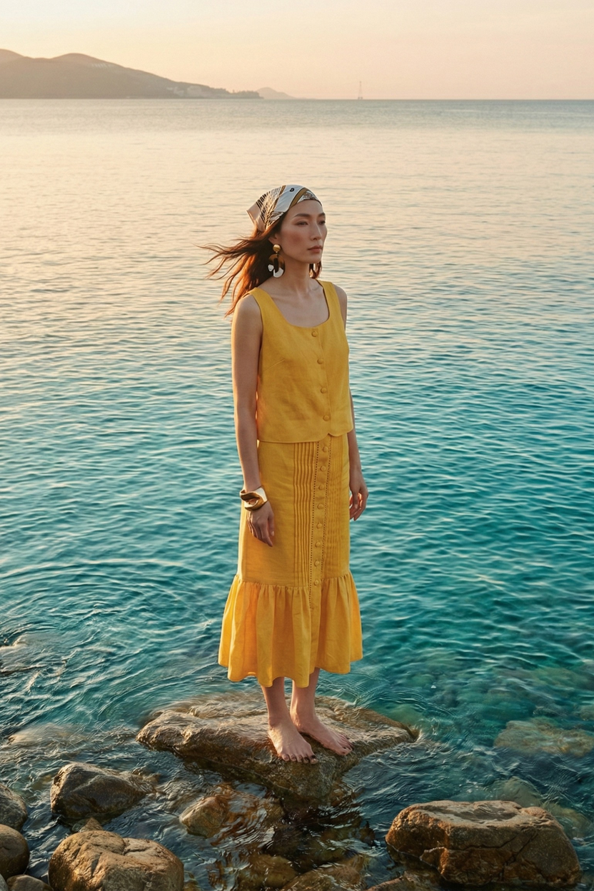 Áo croptop cổ vuông linen vàng thời trang Hity