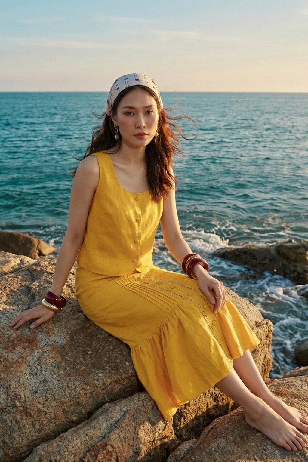 Áo croptop cổ vuông linen vàng thời trang Hity