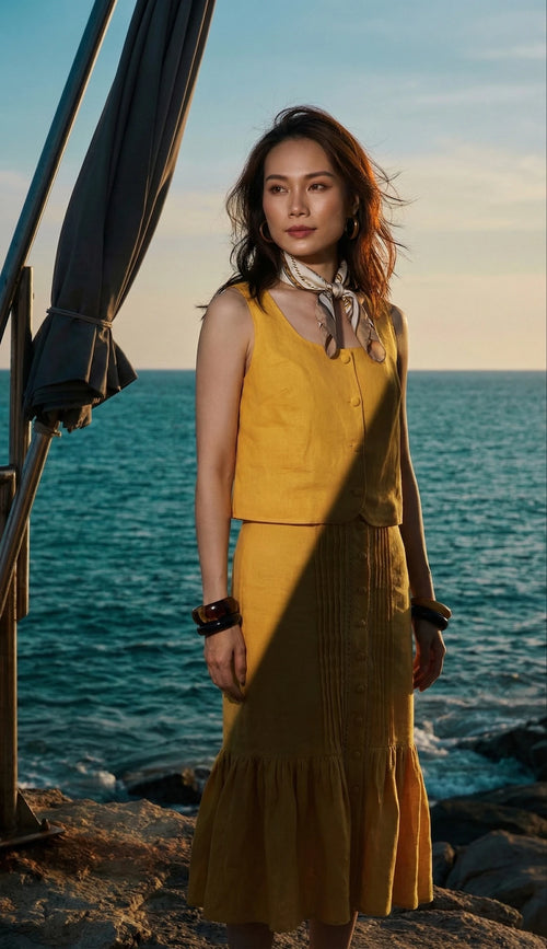 Áo croptop sát nách cổ vuông linen vàng thời trang Hity 