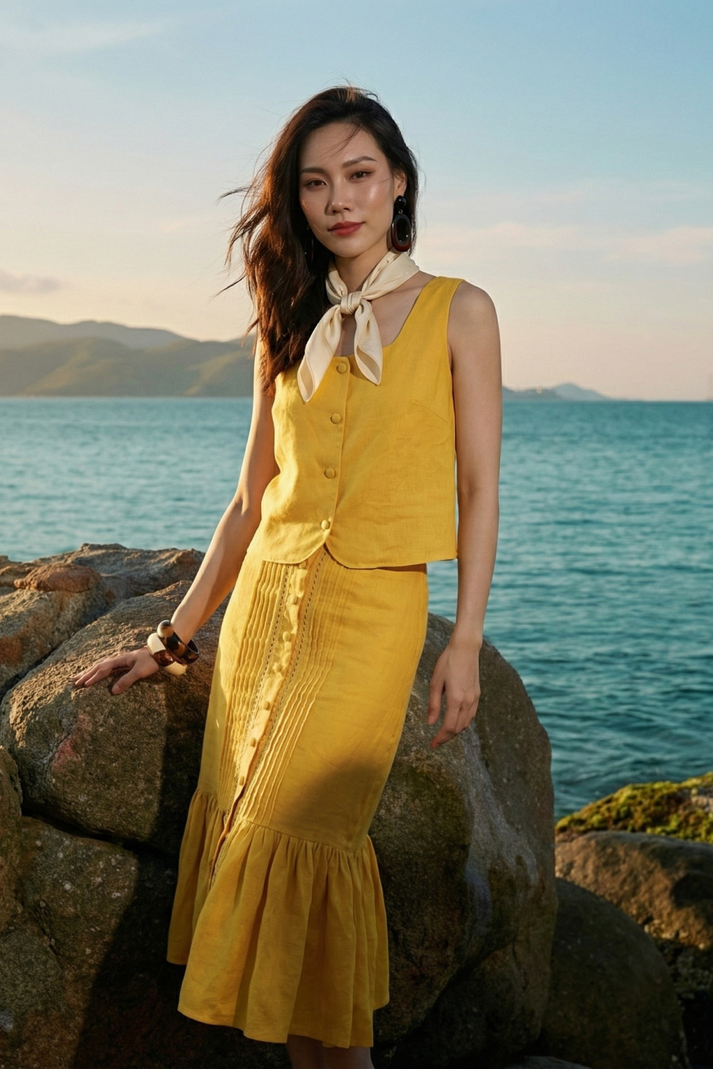 Áo croptop cổ vuông linen vàng thời trang Hity