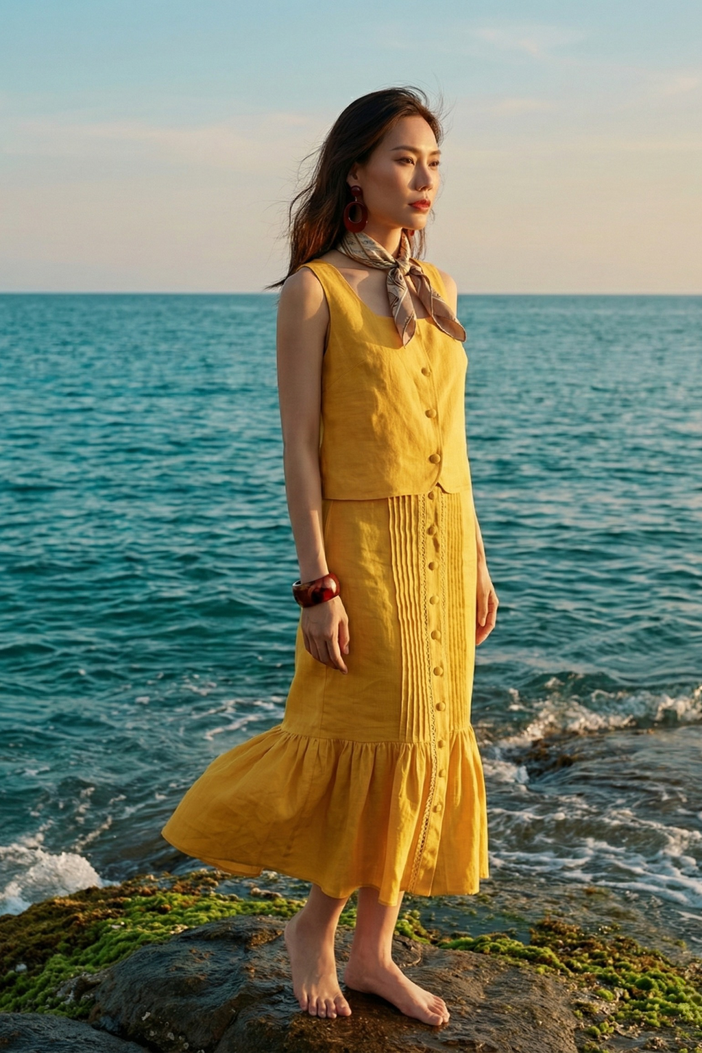 Áo croptop cổ vuông linen vàng thời trang Hity