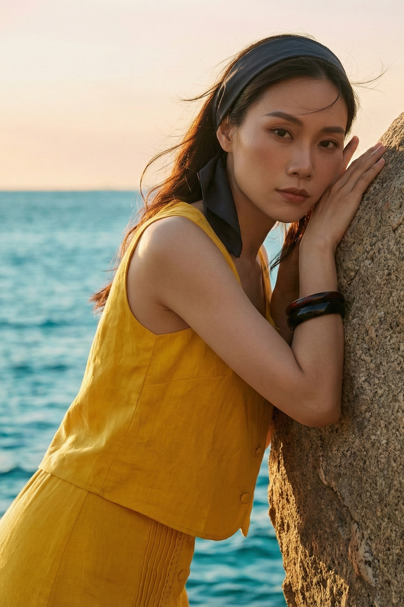 Áo croptop cổ vuông linen vàng thời trang Hity