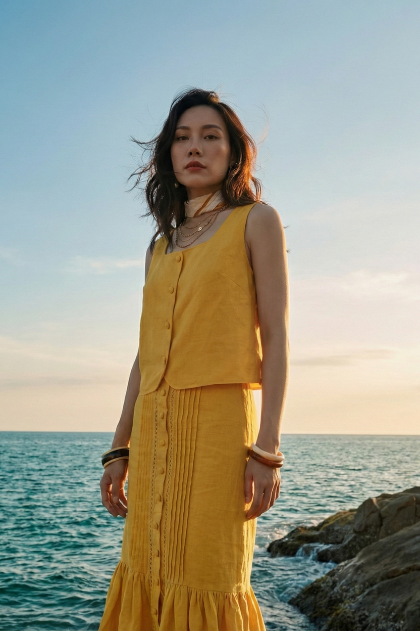 Áo croptop cổ vuông linen vàng thời trang Hity