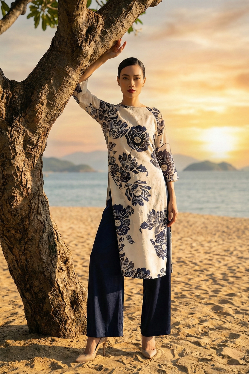 Áo dài cổ thuyền hoa mẫu đơn thời trang Hity