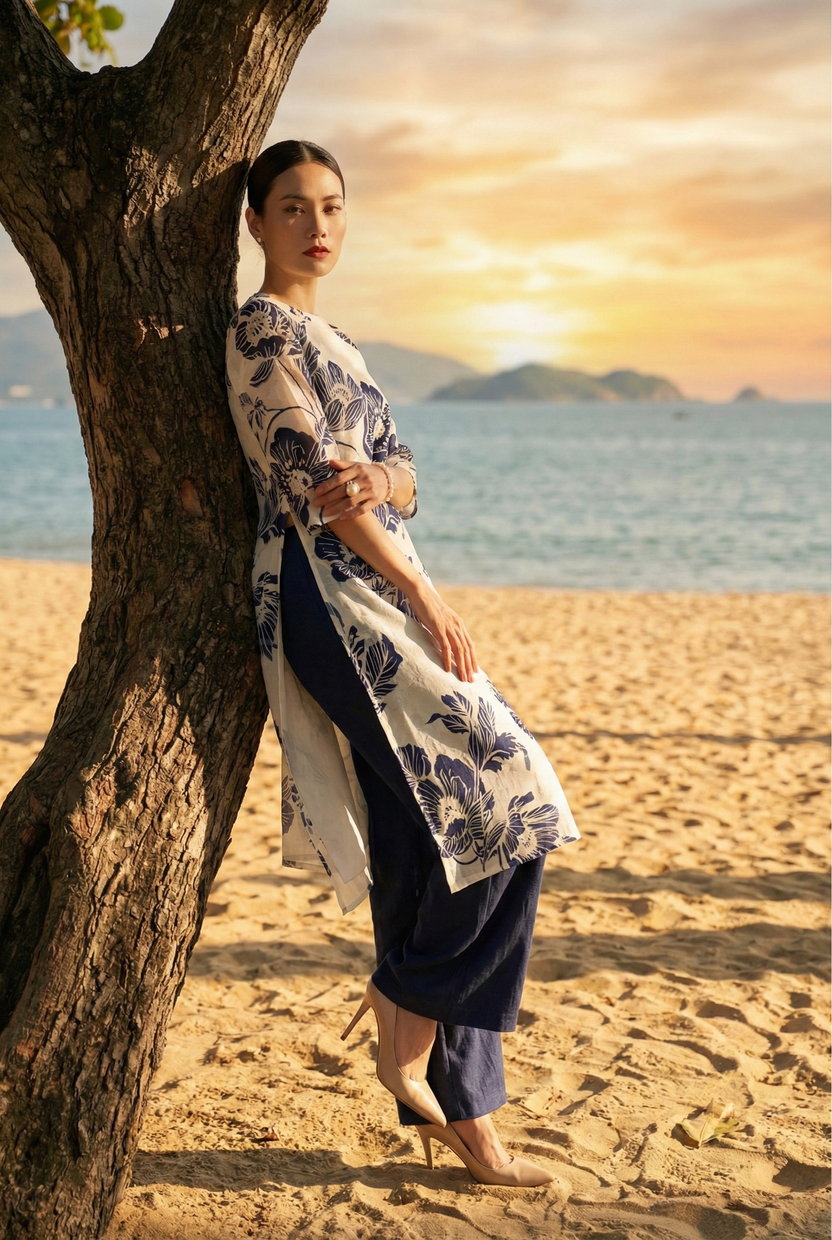 Áo dài cổ thuyền hoa mẫu đơn thời trang Hity