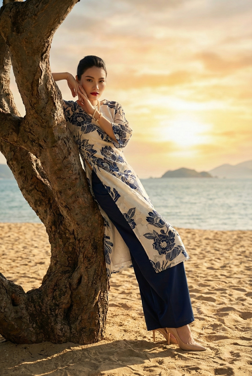 Áo dài cổ thuyền hoa mẫu đơn thời trang Hity