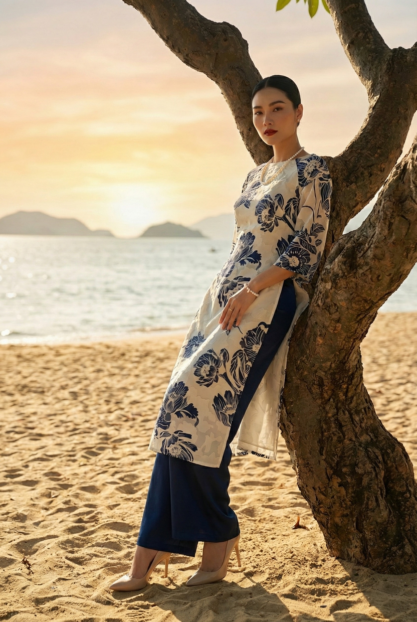 Áo dài cổ thuyền hoa mẫu đơn thời trang Hity