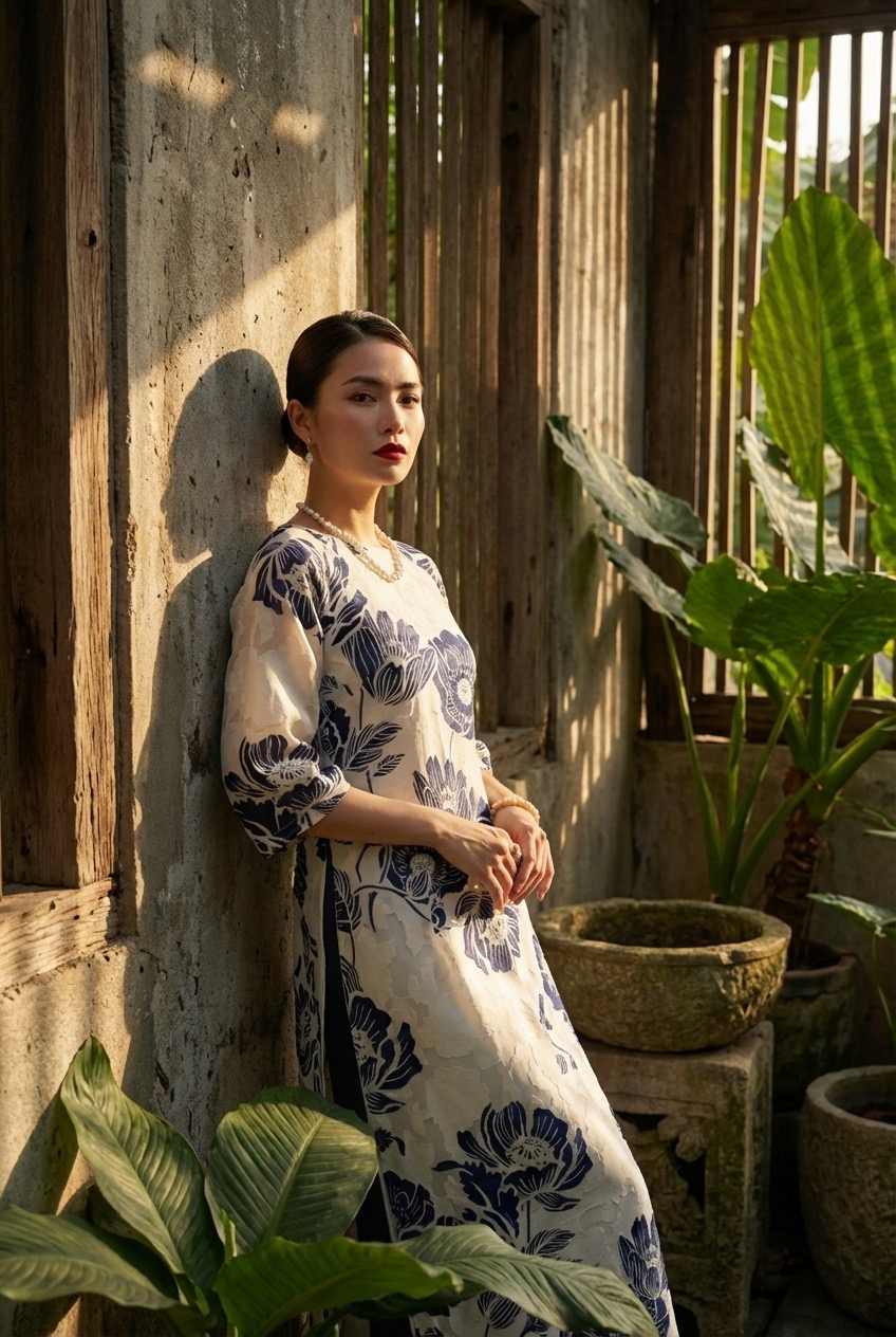 Áo dài cổ thuyền hoa mẫu đơn thời trang Hity