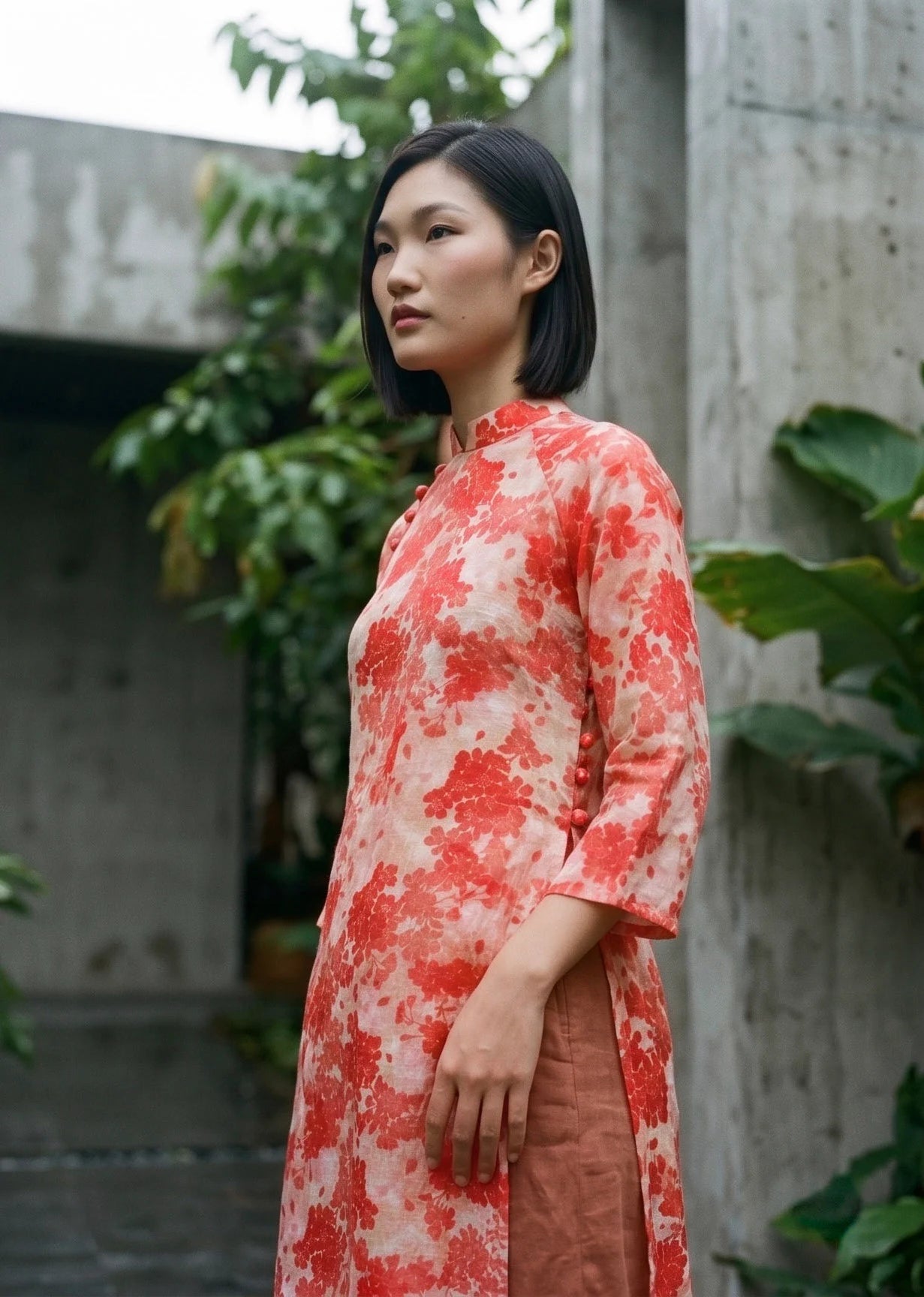 Áo dài hoa vải gai xanh ramie thời trang Hity 